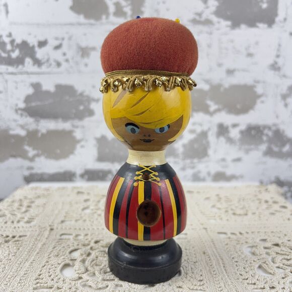 Vtg Wooden Pin Cushion Doll Thimble Cut Out Belly Button Hand Painted Kitschy - Picture 2 of 8